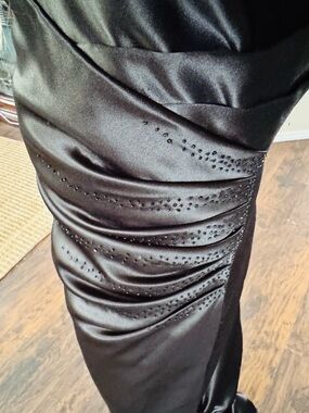 Black Satin A-Line with rhinestones prom  Dress